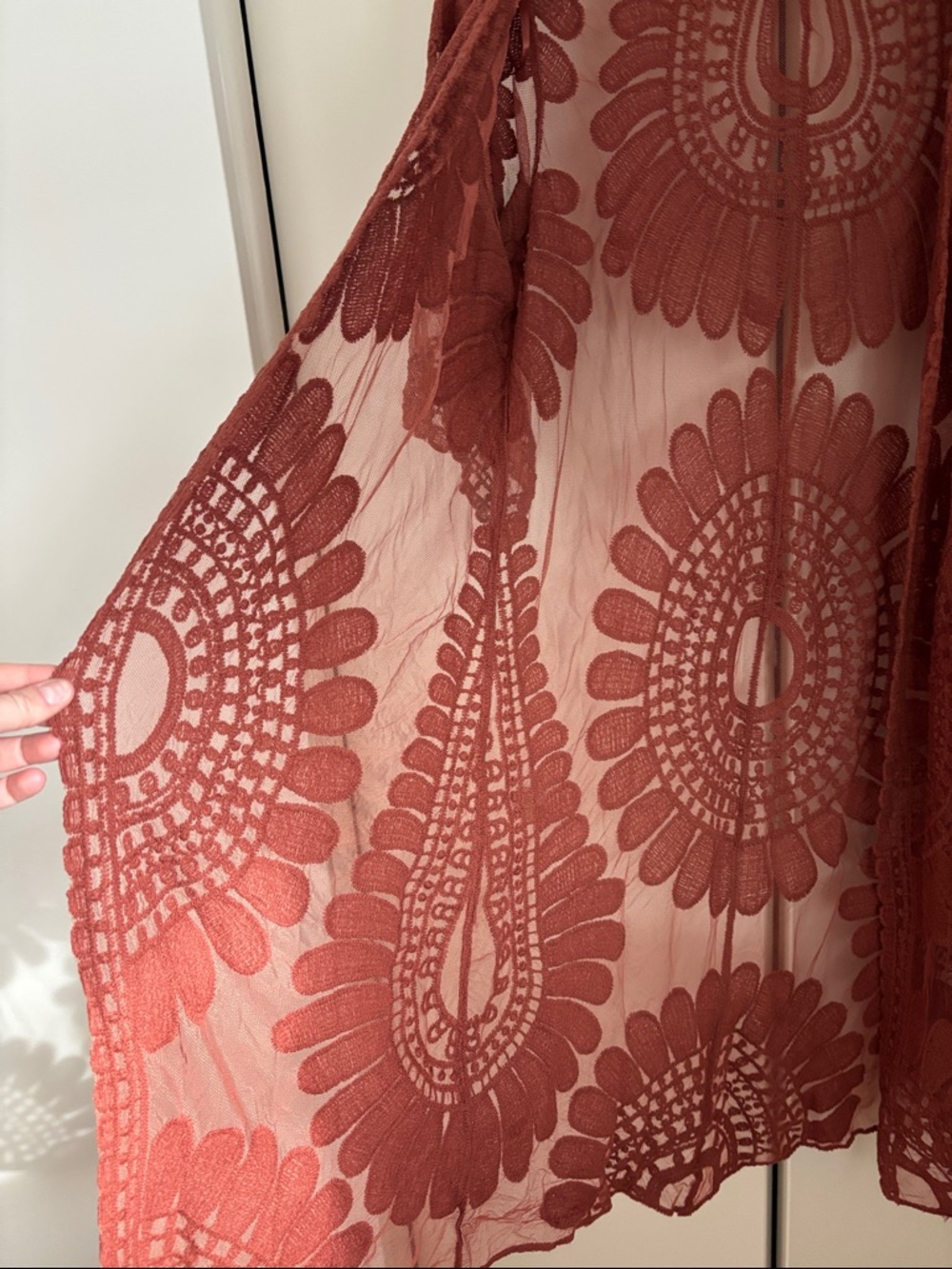 Sheer Crochet Kimono Camisole Cover-Up in Rust - Picture 2 of 3